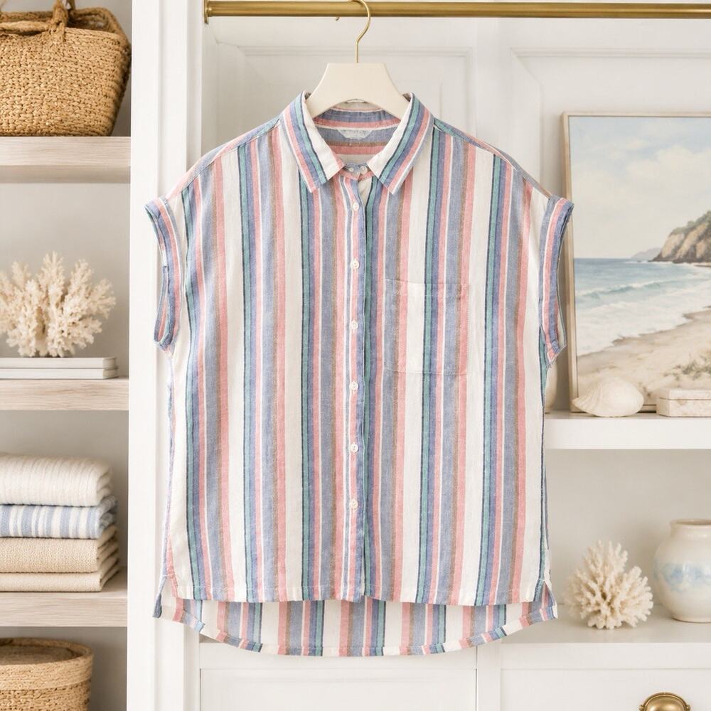 Orvis Shirt Womens Small Multicolor Stripe Linen Rayon Button Front Sleeveless